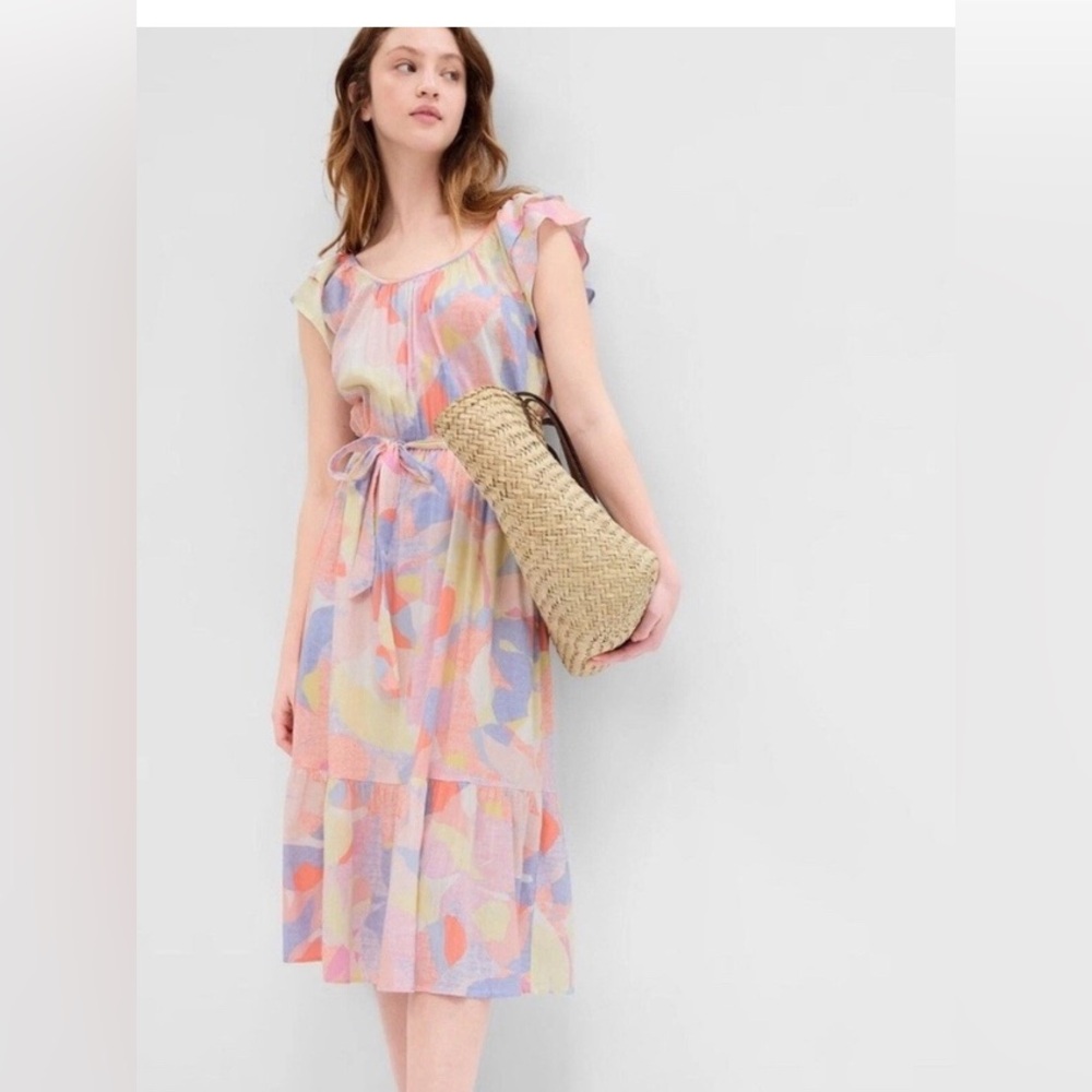 NWT GAP Pastel Watercolor Abstract Flutter Sleeve Midi Dress S